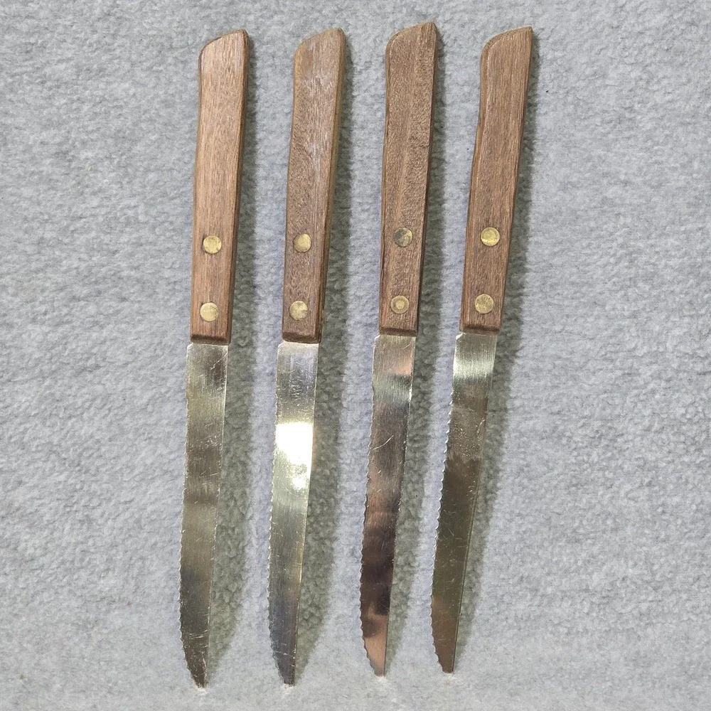 Vintage Hanford Forge Steak Knives Set 8 Brown Wood Handle Stainless Japan